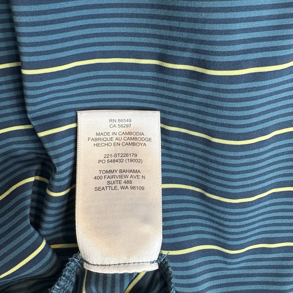 Tommy Bahama Shirt Mens Med Island Zone Blue Yellow Stripe Performance Golf Polo - Picture 7 of 7